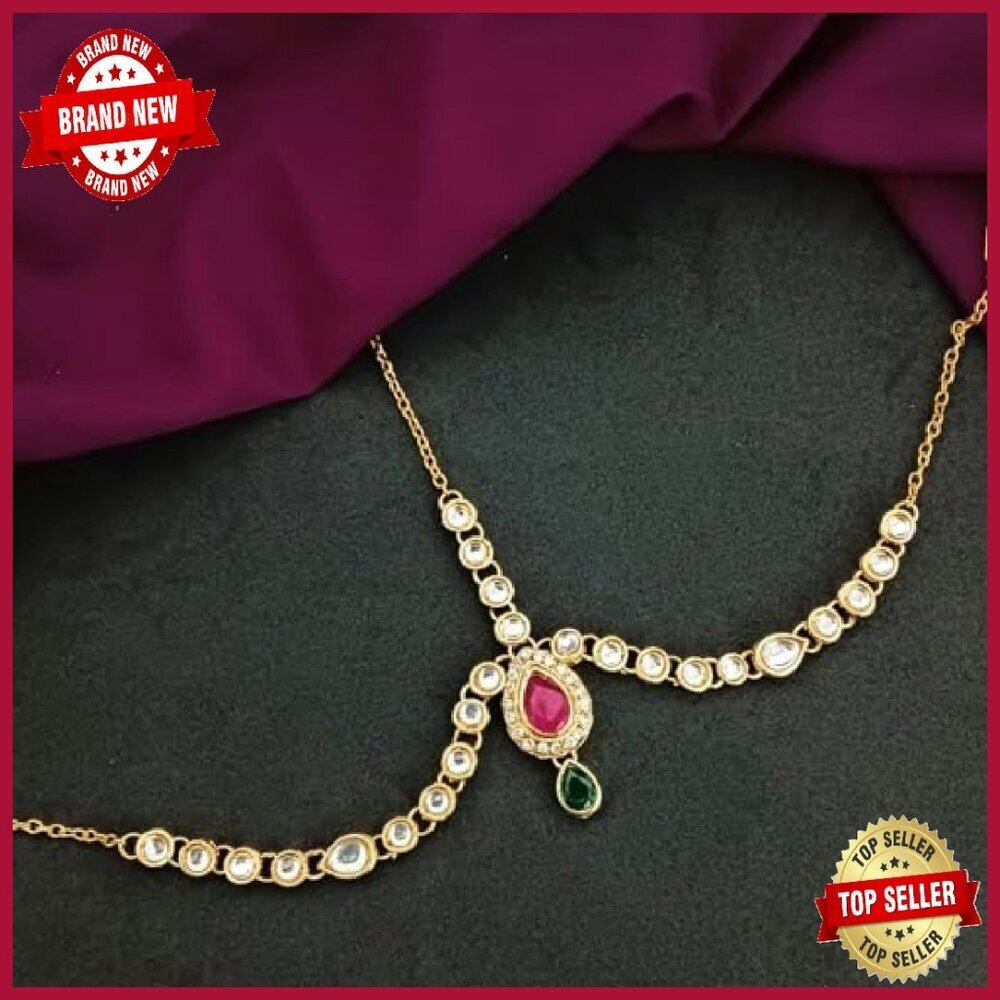 Vintage Crystal Kundan Head Chain Bridal Hair Accessory 6.1 Inch - Picture 4 of 8